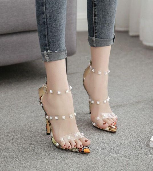 

dress shoes rivet transparent sandals women's high heel, Black