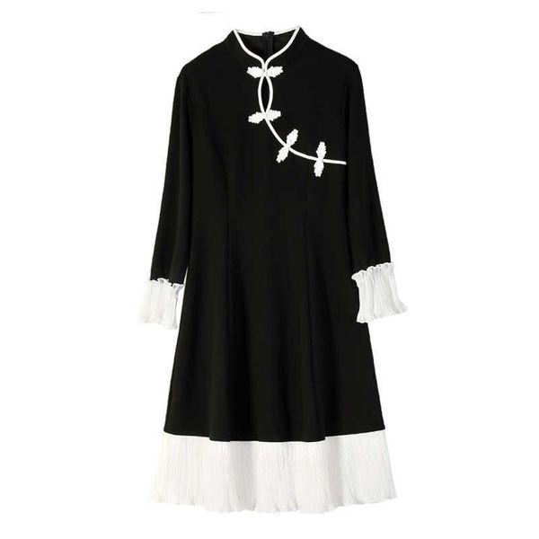 

perhaps u women chinese style dress cheongsam long sleeve mini dress black and white patchwork flare sleeve buckle d1740 210529, Black;gray
