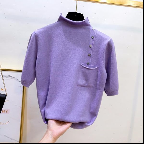 

half turtleneck half sleeve knitted sweater women buttons pocket decoration pullover 2021 summer slim basic solid sweaters, White;black