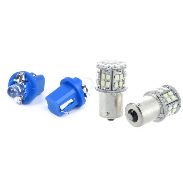 

car headlights 2x 1156 smd 50 led light bulb lamp 12v auto white flashing & 10x t5 blue gauge meter