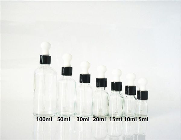 

storage bottles & jars 5/10/15/20/30/50/100ml glass essential oil bottle big white rubber head black ring dropper cover empty clear containe