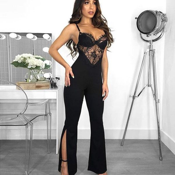 

women's jumpsuits & rompers erdaoben celebrity black lace hollow out rayon bandage jumpsuit evening party h32601, Black;white