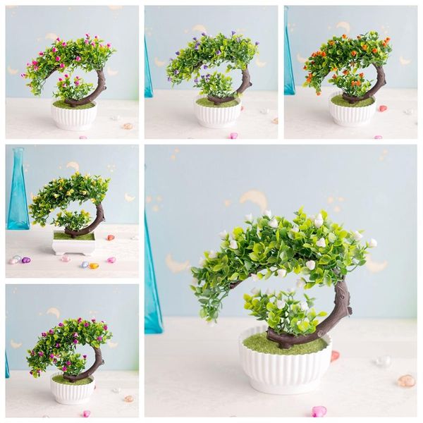

19x19cm artificial mini roses flower bonsai green small tree white potted fake plants bonsai home garden bedroom party decor