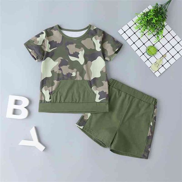 Yaz Bebek Tulum Giysileri Bebek Erkek Kısa Kollu O Boyun Cep Ordu Yeşil T-shirt Şort Romper Kostüm 210629
