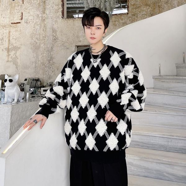 

men's sweaters autumn winter diamond jacquard plaid pullover loose thick casual sweater man streetwear knitwear, White;black