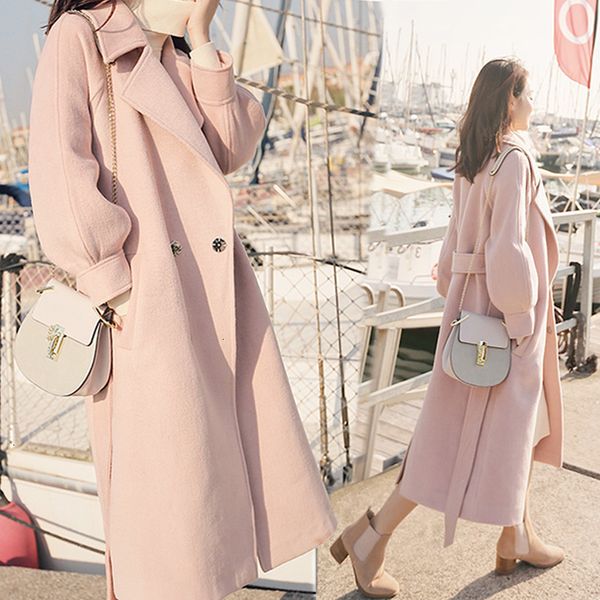 

warm cotton filling cashere coat winter new 2021 pink woolen coat woman style lantern sleeve knee length wool coat, Black