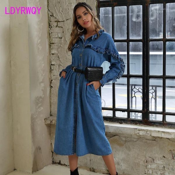 

casual dresses 2021 european and american fashion autumn winter women's ruffled long-sleeved open-end long denim dress, Black;gray
