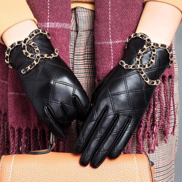 

five fingers gloves 2pcs women' genuine with metal chain winter autumn driving punk motorcycle biker glove cool touch screen, Blue;gray