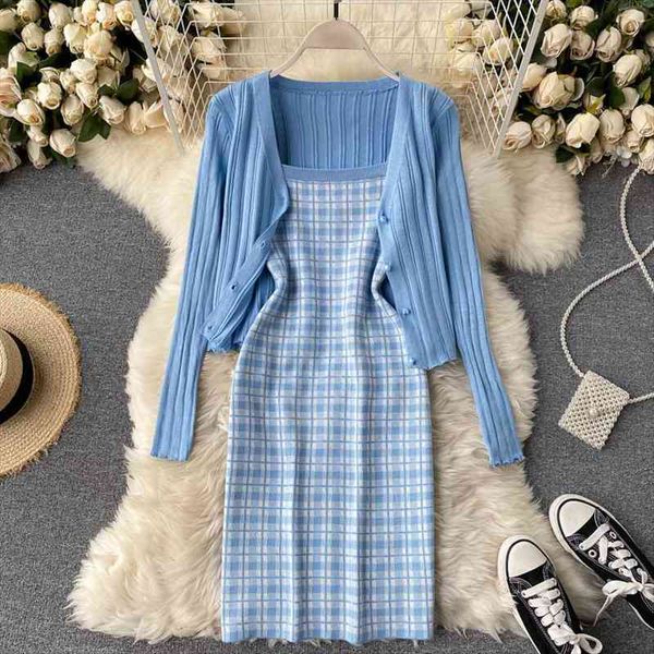 

knitted two piece set women tracksuits crop spaghetti strap plaid dress suits sweet long sleeve sweater cardigan 2, Gray