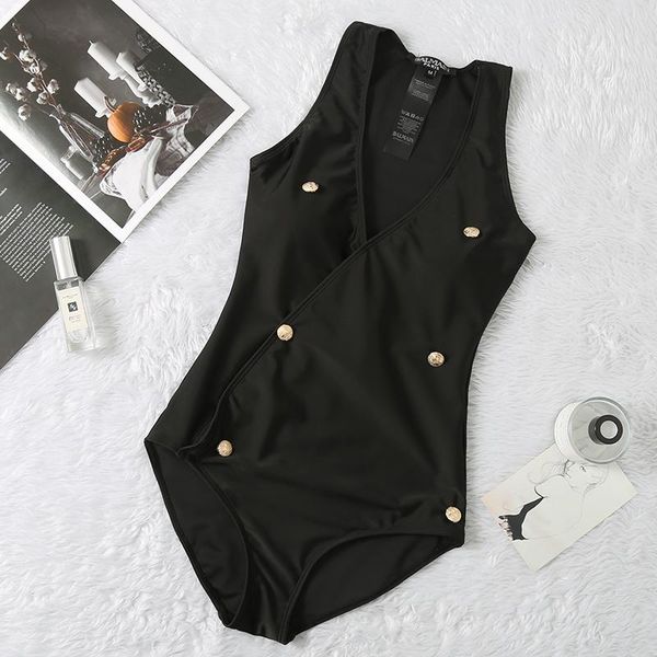 

womens vintage black v- neck one piece swimsuit monokini bathing suit button decoration swimwear