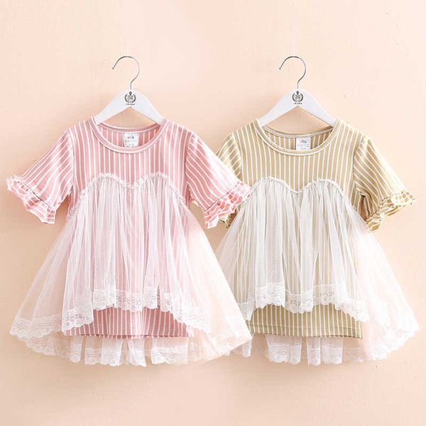 Sommer Mesh Kleider 2 3 4 6 8 10 Jahre Kinder Streifen Muster Spitze Patchwork Kurzarm Kleid Für Kinder baby Mädchen 210529