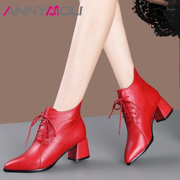 

boots annymoli high heel woman block ankle pointed toe short lace up female shoes autumn winter apricot red 431, Black