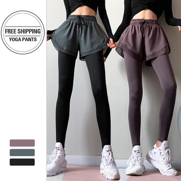 

women high waisted yoga pants fake 2 in 1 two pieces high elastic for fitness running exercise tights leggins, White;red