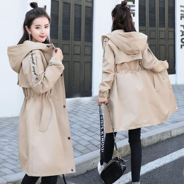 

women's trench coats parker coat female 2021 mid-length slim spring and autumn casual hooded solid color windbreaker, Tan;black
