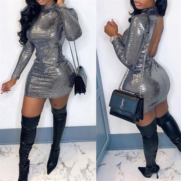 

new 2021 women slim stamping long sleeve autumn winter party club dress o neck button backless mini elegant sliver dresses, Black;gray