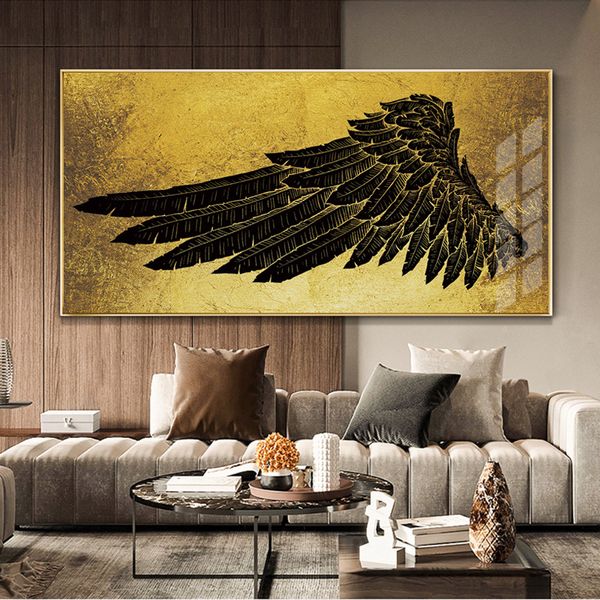 Moderna astratta Golden Feather Wing Wall Art Canvas Painting Gallery Poster e stampe per la decorazione domestica di interni del soggiorno