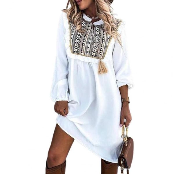 

casual dresses vintage pattern patchwork elegant shirt dress women lantern sleeve large hem boho for beach streetwear vestidos, Black;gray