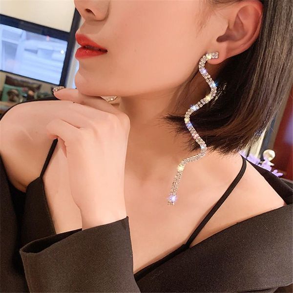 

earrings & necklace long tassel crystal drop earring for women shiny gold silver color s shape rhinestone dangle wedding party jewelry