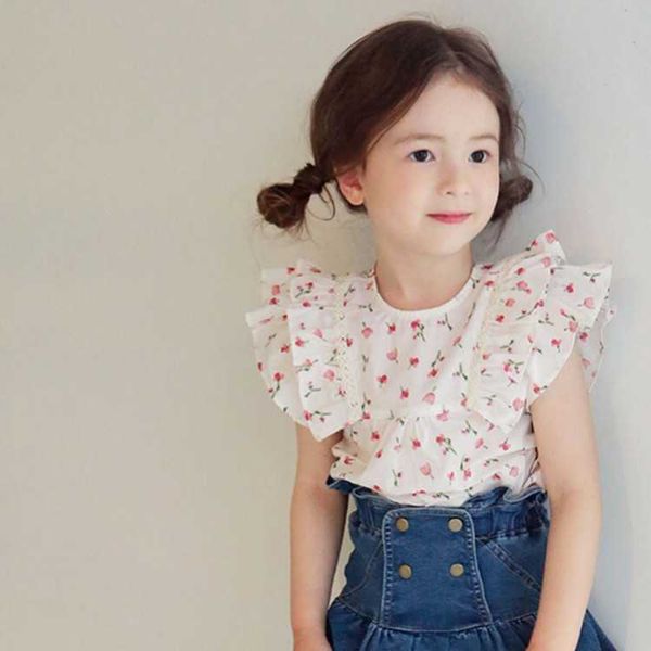 

fresh big girls ruffles blouse t-shirt for kids korean design fly sleeve clothing outfit basic 210529, Blue