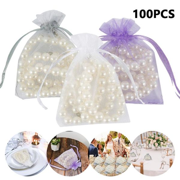 

gift wrap 100pcs 7x9cm party decorations drawable organza candy bags jewelry pouches wedding favor transparent white birthday