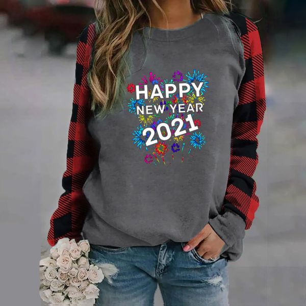 

2021 fireworks happy new year impression around neck chess long sleeve ladies t-shirtck9t, White