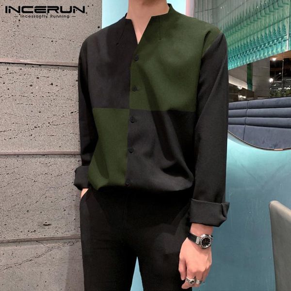

patchwork shirts men long sleeve v neck camisa incerun color stitching blusas loose button chemise man leisure korean shirts 3xl, White;black
