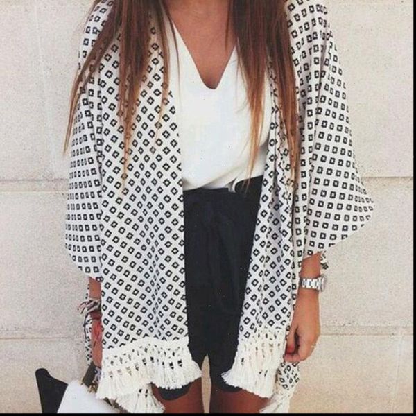 

hirigin ladies women blouse three quarter sleeve cover ups blouse geometry printed summer chiffon shawl kimono cardigan, White