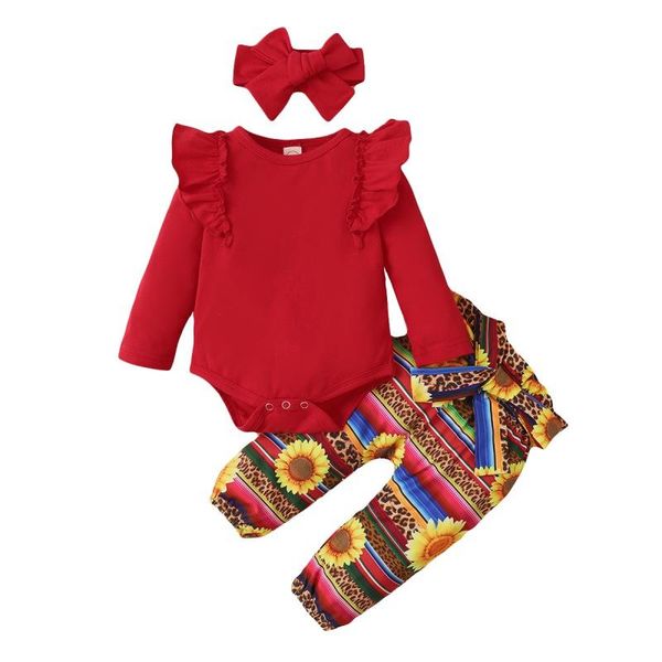 

newborn infant baby girls spring clothing set long sleeve flare cotton romper floral pants and headband 3pcs outfits, White
