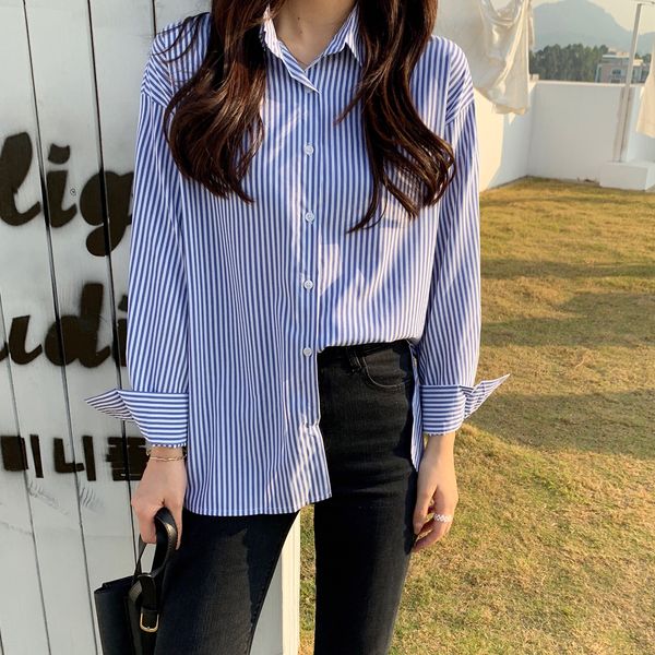 

2021 new spring cotton chic long sleeve striped women and blouses shirt blusas roupa feminina je22, Black