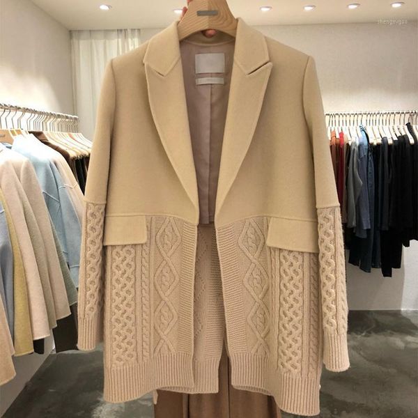 

women's wool & blends woolen suit blazers for women 2021 winter knitted stitching loose female mid-length cardigan patchwork coat m7, Black
