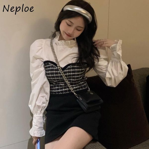 

women's blouses & shirts neploe o neck puff long sleeve pullover blouse women fashion plaid patchwork slim blusas spring 2021 ol shirt, White