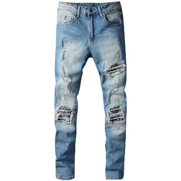 

fashion jeans men's male trousers high street brand blue patch ripped mens trend personality stretch slim denim pants 665