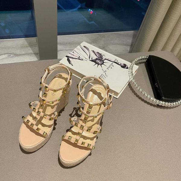 

dress shoes thick bottom rivet open toe muffin sandals women's wedge heel roman hollow high heels cross border women, Black