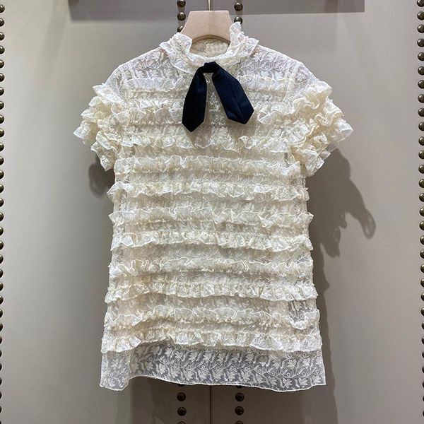 

women's blouses & shirts 2021 fashion lace embroidery pullover edible tree cake blouse women bow turtleneck short pile up, White