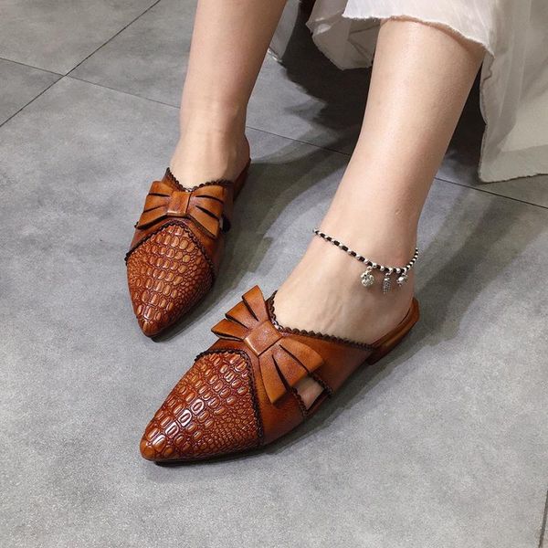 

slippers women leather low heels flip flops 2021 summer shoes casual simple handmade genuine outdoor slipper 3, Black