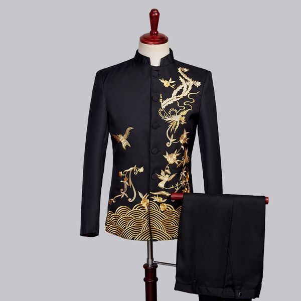 

chinese tunic suit vintage embroidery blazer pants 2-pieces mens suit chorus performance stage costume singer host formal dress, Black;red