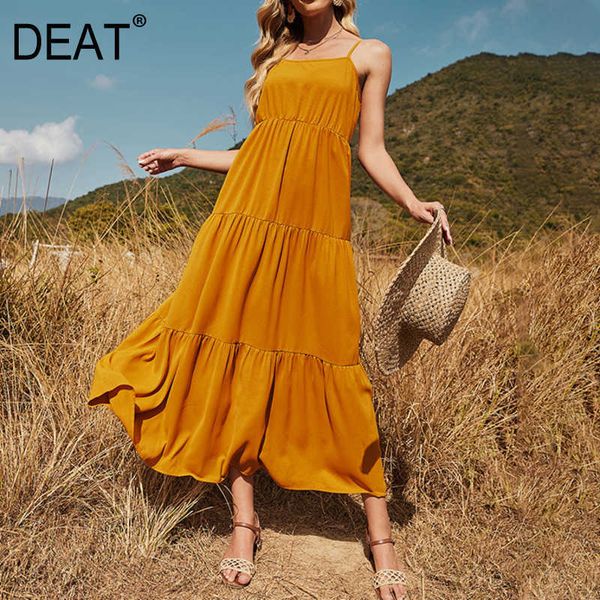 

[deat] women sling high waist sleeveless solid color loose fit a-line dress fashion summer 13d098 210527, Black;gray