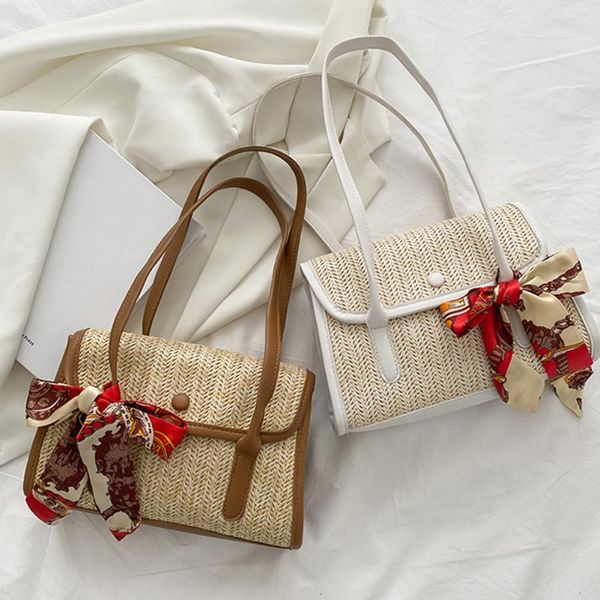 

evening bags women leather splicing woven handbags summer beach straw shoulder bag with silk bow scarf handmade tote