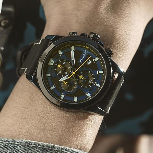 

wristwatches ruimas grate quality hardlex mirror man's waterproof quartz sport watch men luminous, calendar, stop, Slivery;brown