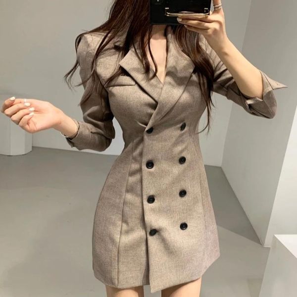 

casual dresses zawfl notched collar woman dress apricot double breasted slim waist a-line vestido full-sleeve gray chic autumn female, Black;gray