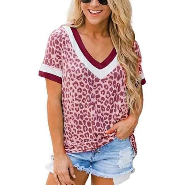 

women's t-shirt women summer v neck leopard t shirt short sleeve casual tees female streetwear loose plus size 2xl camisas mujer, White