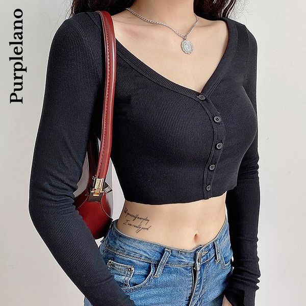 

women's knits & tees fall women cardigan long sleeve slim v-neck button up crop knit casual streetwear winter purplelano, White