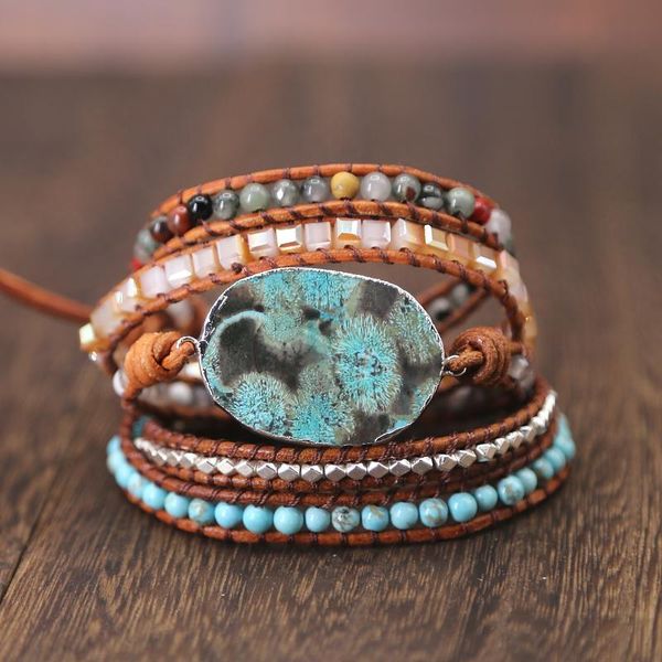

tennis 2021 women leather bracelet unique mixed natural stone charm 5 strands wrap bracelets handmade boho jewelry gift, Golden;silver