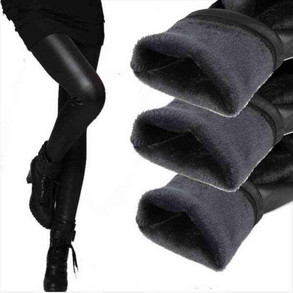 

winter leather pants elastic women legging high waist warm leggin thick velvet black push up