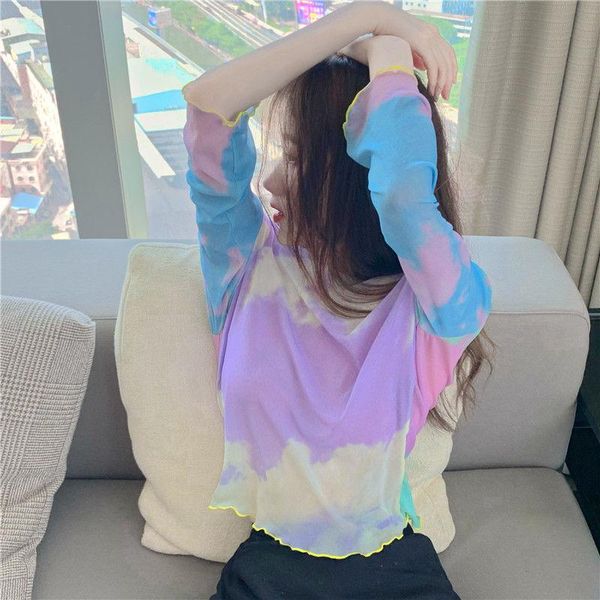 

women's t-shirt hstar tie dye mesh long sleeve t shirt women aesthetic summer sky print tshirt frill crop tee purple vintage fashion, White