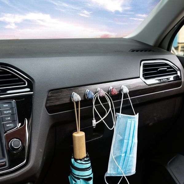 

interior decorations bling heart charm car hooks, multifunctional colorful crystal auto backseat hangers, self-adhesive wall hanging hook st