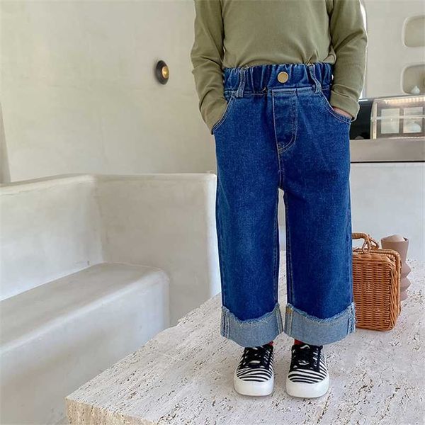 

autumn winter girls loose rolled-up jeans 1-8 years children all-match straight denim pants 211102, Blue