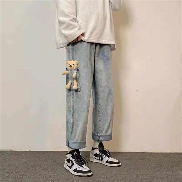 

teddy bear jeans loose women shorts plus size denim wide leg pants harajuke high waist straight black trousers streetwear, White;black