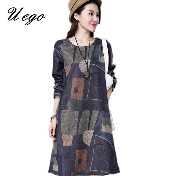 

casual dresses uego fashion printing spring dress long sleeve women woolen 2021 arrival lady vintage vestidos, Black;gray