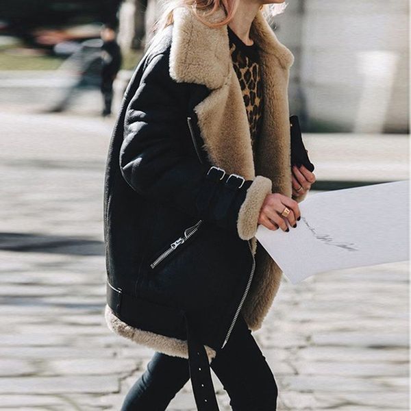 

fall jacket for women coat jacket faux fur fleece coat outwear warm lapel biker motor aviator jacket lady leather velvet lamb, Black